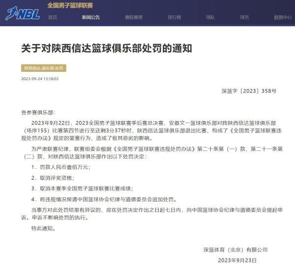 NBL总决赛弃赛，陕西信达被罚百万，取消赛季成绩