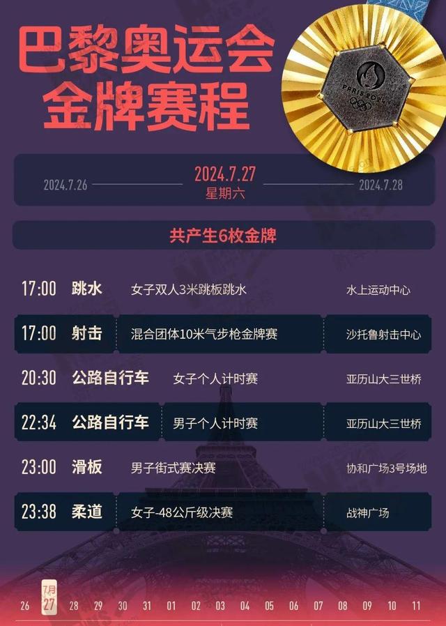 2024年巴黎奥运会产生金牌的比赛时间